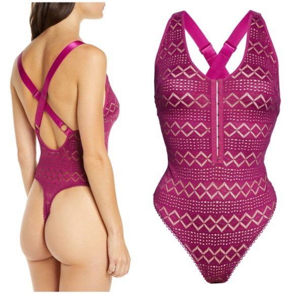 FREE PEOPLE Thank You Never Bodysuit Mesh Lace Purple Tank Top V Neck Small New - Picture 4 of 6